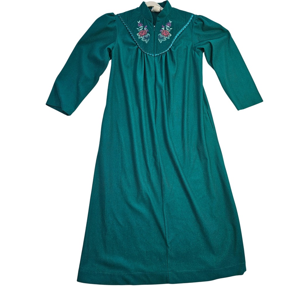 Vintage Adonna Teal Green Floral Embroidered Zip Front Long Robe Medium
